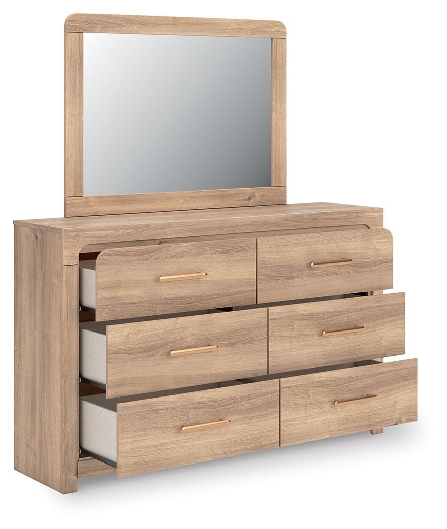 Kinlanni - 3 Pc. - Queen Upholstered Panel Bed, Dresser And Mirror - Tan